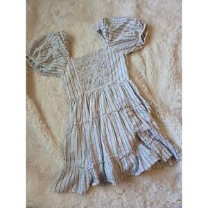 RAHI Striped Puff Sleeve Seersucker Smocked V-Neck Mini Dress Medium Side Zip